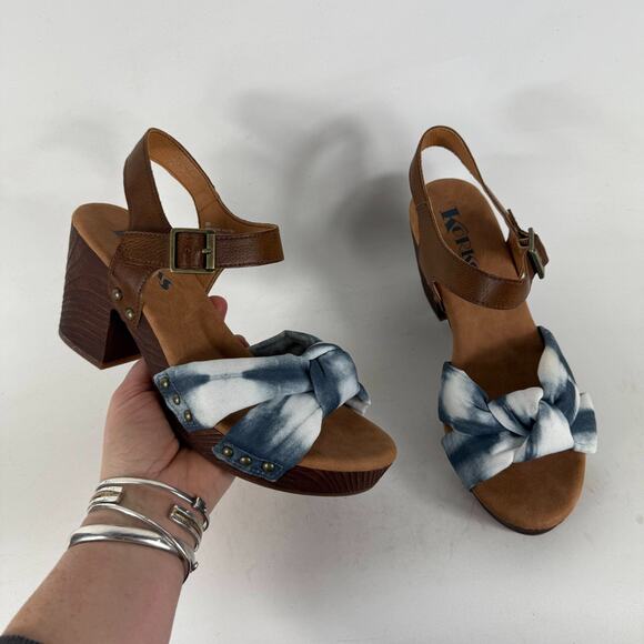 Korks Natalia Platform Sandals Women's 8 Blue White Denim Knot Tie dye Buckle - Picture 1 of 9